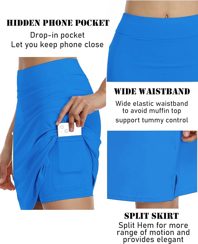 COOrun Women's 20" Knee Length Skirts High Waisted Golf Skorts with Pockets | Soft, Quick Dry, Split Hem, Built-in Shorts, A-line, Modest Skirts, for Golf Athletic Tennis Work Casual