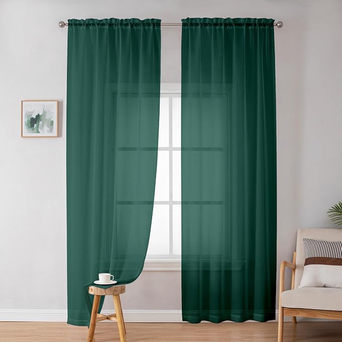 OWENIE Green Sheer Curtains 84 Inches Long for 2 Panels Set for Christmas, Solid Light Filtering Fimly Voile Sheer Curtains for Living Room Bedroom, Hunter Green, 42"x84"