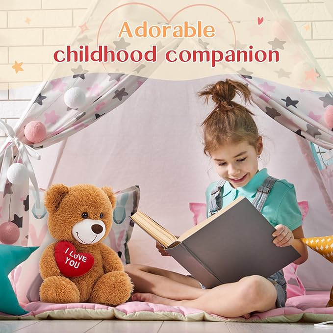 12" Teddy Bear with Heart, Cute Dark Brown Teddy Bear Stuffed Animals for Valentines Soft Bear Plushie Toy Stuffed Bear Plush Gifts for Girlfriend Kid, Christmas