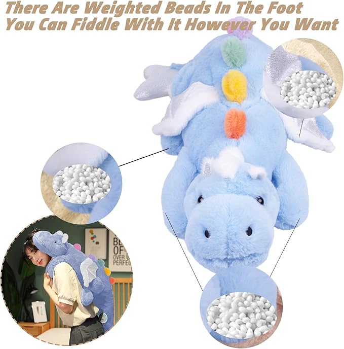 ARELUX Large 37in Cute Dragon Stuffed Animals Plush Toy Soft Sky Blue Pterosaur Plushie Giant Fuzzy Dinosaur Pillow Plushies with White Wings Cuddly for Friends Family Member