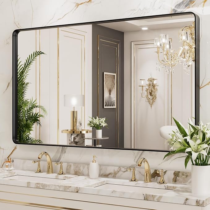 LOAAO 50X30 Inch Black Bathroom Mirror Metal Framed | Matte Black, Rounded Rectangle, Anti-Rust, Tempered Glass, Hangs Horizontally or Vertically