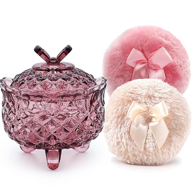 Luxury 4 Inch Glass Powder Container with 2 Soft 3.5" Puffs｜Non-Sealed Refillable Organizer for Body Powder,Makeup & Jewelry｜Setting Powder Applicator w/Loose Powder Storage(Butterfly-Purplish Red)