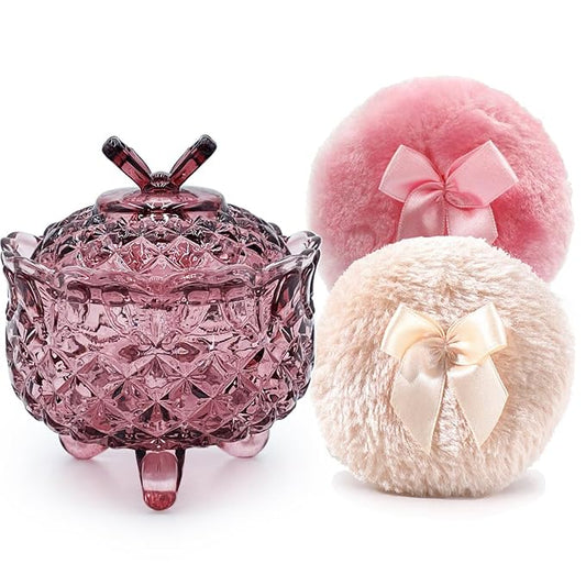 Luxury 4 Inch Glass Powder Container with 2 Soft 3.5" Puffs｜Non-Sealed Refillable Organizer for Body Powder,Makeup & Jewelry｜Setting Powder Applicator w/Loose Powder Storage(Butterfly-Purplish Red)