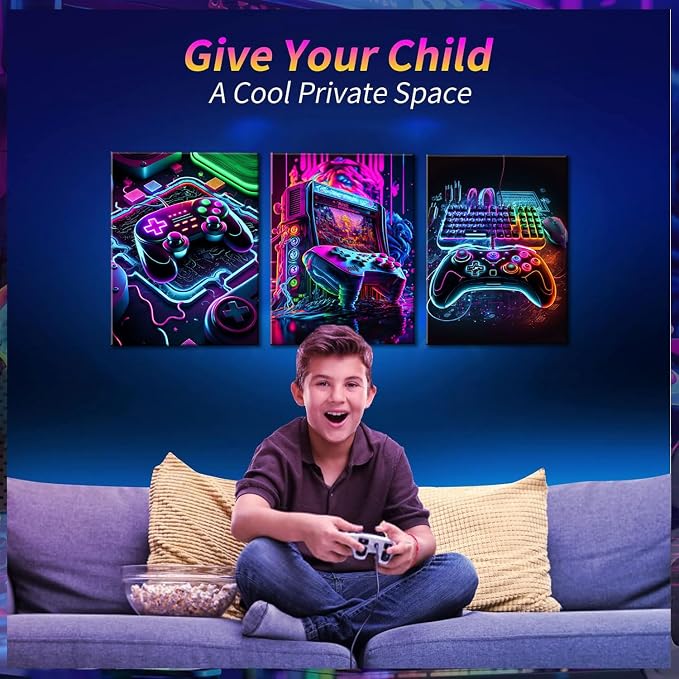 BGFCE Game Room Decor Posters Set of 3 - Neon Gaming Accessories Theme Canvas Wall Art, Gamer Console Paintings Picture Wall Decor for Children Youth Boys Bedroom 12x16 inch Framed