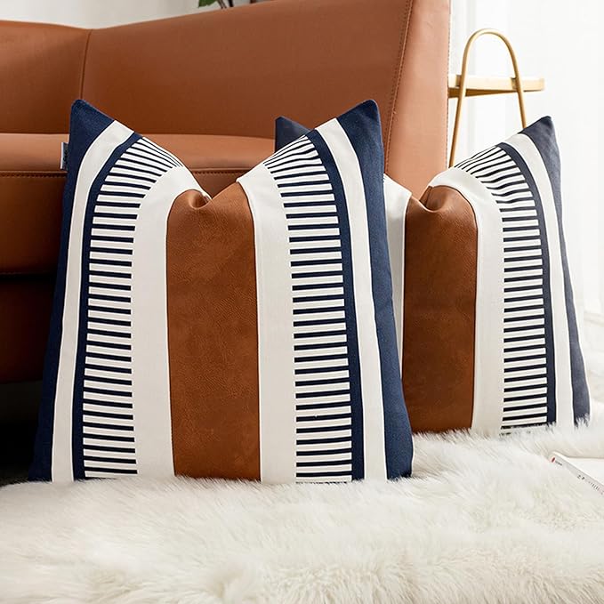 Set of 2 Navy Blue and White Boho Throw Pillow Cover, Faux Leather Modern Couch Pillow Covers 22x22 inch Farmhouse Stripe Pillowcase for Sofa Bedroom Living Room