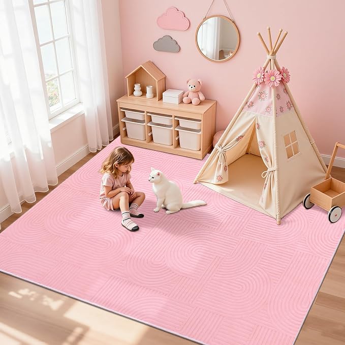Pauwer 6x9 Area Rugs for Living Room, Modern Non Slip Washable Rug, Pink | Arch Pattern, Soft Fluffy, Neutral, Boho Accent, Solid Color Floor Carpet, For Kids Room Dining Room Nursery Entryway