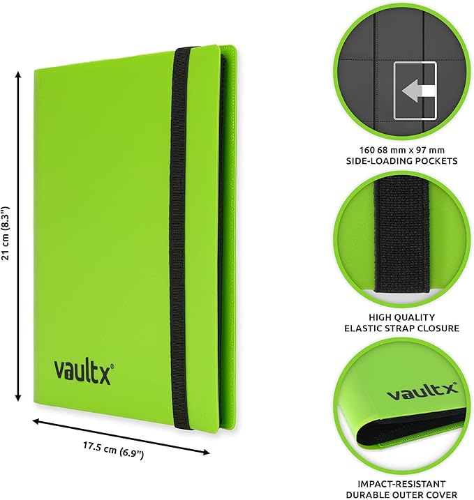 Vault X 4 Pocket Standard Strap Binder, Holds 160 Trading Cards in 20 Side-Loading Pages (Green)