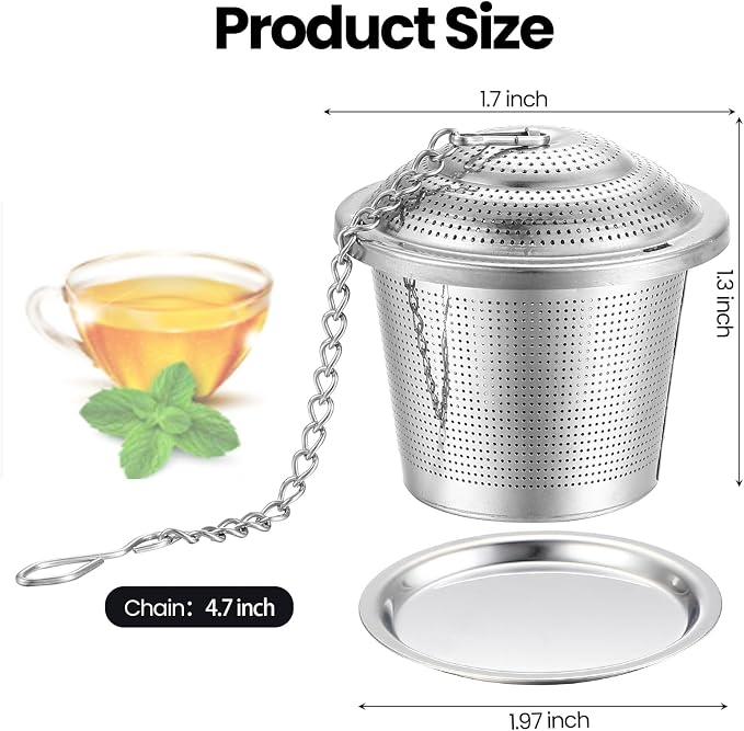 Zopeal 9 Pcs Tea Infuser Stainless Steel Strainer with Extended Chain Hook and Saucer Loose Leaf Steeper Fine Mesh Ball Tea Filter for Brew Spices Seasonings Fits Cup Mug Bottle (Small)