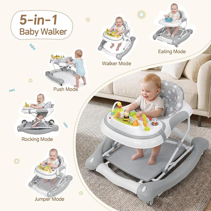 5 in 1 Baby Walker, Music and Lights Foldable Baby Walker with Wheels, 3 Adjustable Heights, with Bouncer Combo, Rocker, Activity Walker for Baby Boy and Girl 6-18 Months (Gray)