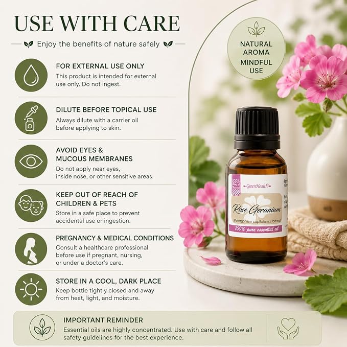 GreenHealth Rose Geranium Essential Oil 15 mL – Sweet Floral Aromatherapy Diffuser Oil, Undiluted Essential Oil for DIY Candles, Soap Making & Home Fragrance
