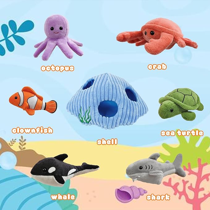 6pcs sea Finger Puppets with a Shell House，Novelty Animals Toys Puppet for Kids, Storytelling Role-Playing Plush Finger Puppets Gifts for Boys and Girls