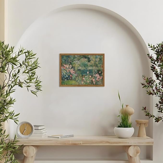 Framed Vintage Floral Landscape Canvas Wall Art, Rose Garden Pond Wall Decor Paintings, Rustic Cottagecore Nature Plant Pictures Prints Aesthetic Home Decor for Living Room Bedroom Bathroom 8x10 inch