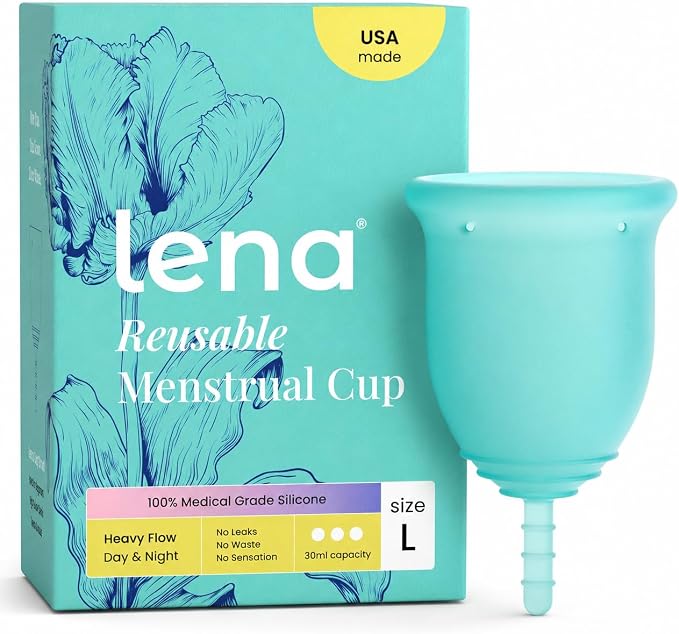 Lena Menstrual Cup Original - Soft Medical-Grade Silicone Period Cups for Women Heavy Flow, Reusable and Comfortable 12-Hour Leak-Free Protection, Beginner-Friendly Feminine Care - Large, Turquoise