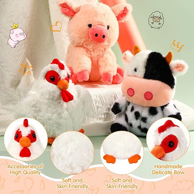 Skylety 5 Pack Farm Plush Animals Set 10 Inches Farm Stuffed Animals Barnyard Stuffed Toys Soft Pig Rooster Horse Sheep Cow Plush Toy for Birthday Party Favor Operation Christmas Items