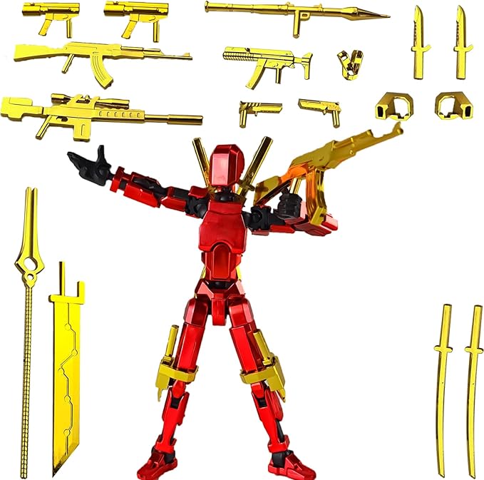Assembly Completed T13 3D Printed Action Figures,Dummy 13 Robot 13 Movable N13 Action Figure, Lucky 13 Gift for Collectors Desktop Decorations for Game Lovers Toy (Red Blue + Metallic Weapon)