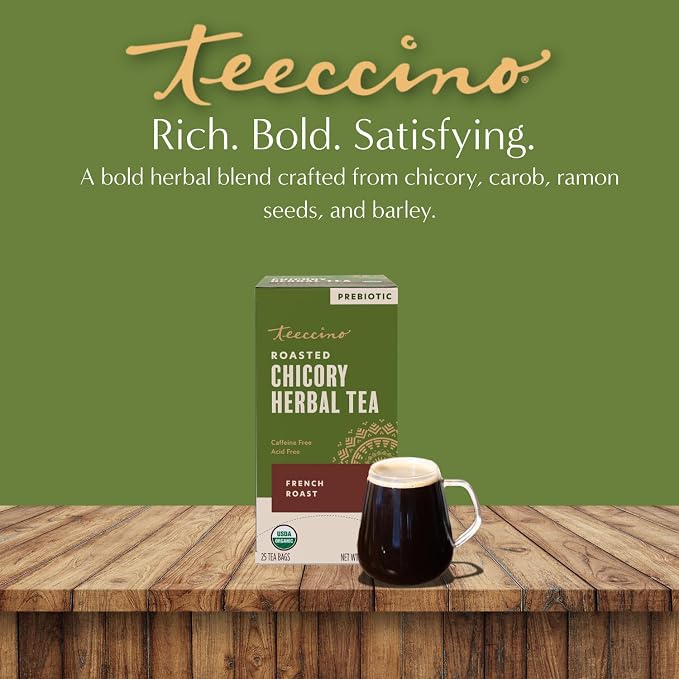 Teeccino French Roast Herbal Tea - Rich & Roasted Herbal Tea That’s Caffeine Free & Prebiotic for Natural Energy, Coffee Alternative, 25 Tea Bags