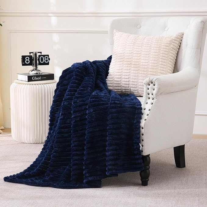 Navy Blue Fleece Throw Blanket 60”×80” for Couch Sofa Livingroom | Super Soft Cozy Plush Microfiber Flannel Bed Blanket Striped Design Lightweight Home Decor Gifts for Adults Mom Women