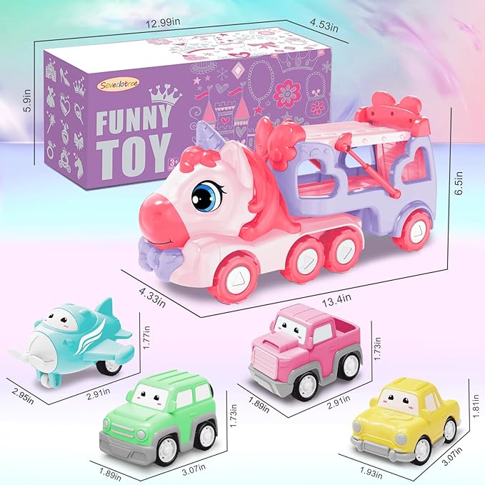 Toys for 3 Year Old Girl, 5-in-1 Unicorn Toys Carrier Truck Toy Cars with Light & Sound,Girl Toddler Toys Age 3-5, 3 4 5 Year Old Birthday Gifts