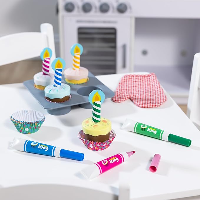 Melissa & Doug Bake & Decorate Wooden Cupcake Kit, with Play Food, Toppings & Play Kitchen Accessories, Preschool Learning Toys for Girls & Boys 3+