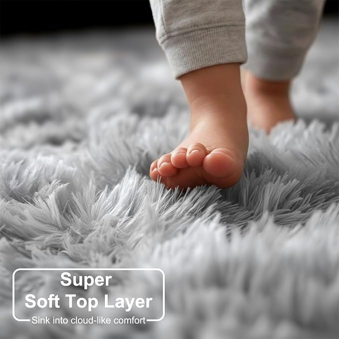 Amdrebio Tie-Dyed Light Grey Fluffy Large Rug 6x9 for Living Room Bedroom | Plush Shaggy Furry Fuzzy Shag Kids Carpet, Nursery Classroom Playroom Men Cave Apartment Home Decor, Cool Farmhouse Aesthetic