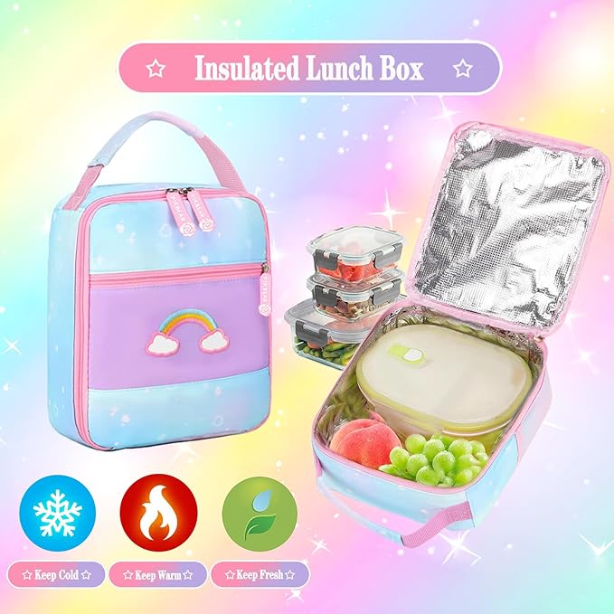 3Pcs Kids Backpack For Girls,Cute Rainbow Student School Backpack With Lunch Bag Pen Bag Set (Blue Large 17.5in