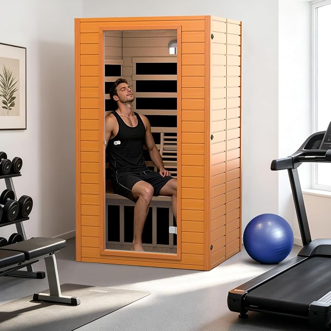 Real Relax Infrared Sauna for Home, Home Infrared Saunas up to 1-2 Persons, Canadian Hemlock Wooden Indoor Dry Sauna Room with Low Emf Red Light Therapy, 9-Color Chromotherapy Lights