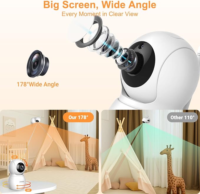 VTimes Baby Monitor with Camera and Audio, 6'' IPS Screen with 30-Hour Battery, Baby Monitor No WiFi Night Vision, ECO, 2-Way Audio, Pan-Tilt-Zoom, Baby Camera Monitor with 1000ft Range, Ideal Gift
