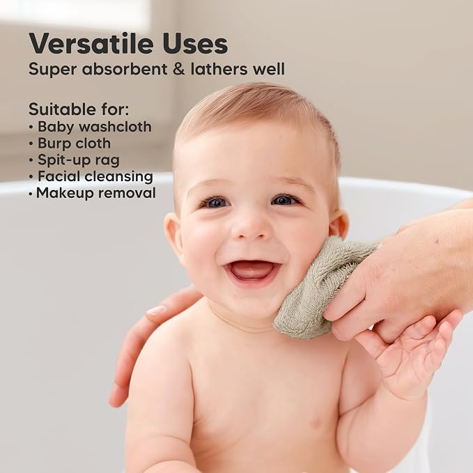6-Pack Baby Washcloths – Soft Absorbent Viscose from Bamboo Washcloths for Face, Body, Baby Towels for Newborn, Kids, Toddlers, Infant, Gentle on Sensitive Skin, 10x10 Reusable Face Towels (Khaki)