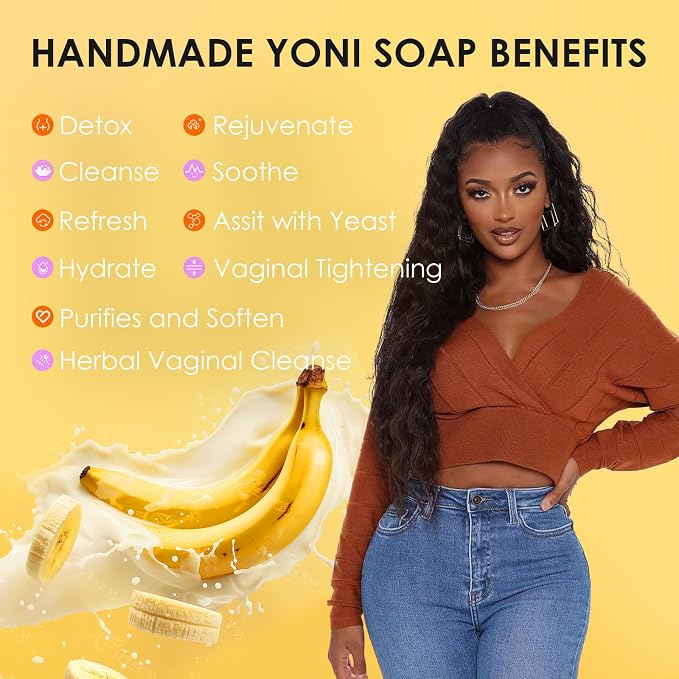 Yoni Soap Bars & Natural Yoni Oil Set, Natural Yoni Wash for Women Feminine Wash Deodorants pH Balance, Eliminates Odor, Banana Feminine Oil 30ml/1 oz, 2pcs 3.53 oz Bath Soap