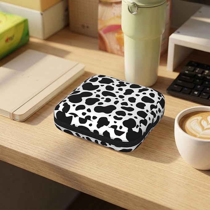 Black And White Cow Print Period Bag For Women,Portable Sanitary Napkin Period Pad Pouch For Purse, Small Make Up Bags