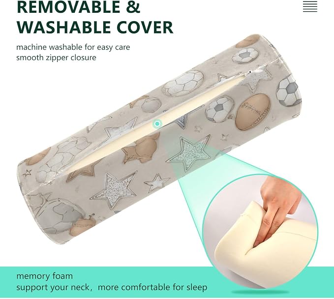 Light Beige Stars Footballs Neck Roll Pillow Bolster Round Health Memory Foam Long Cervical Cylinder Pillows with Removable Washable Cover for Body Bed Legs Back Yoga