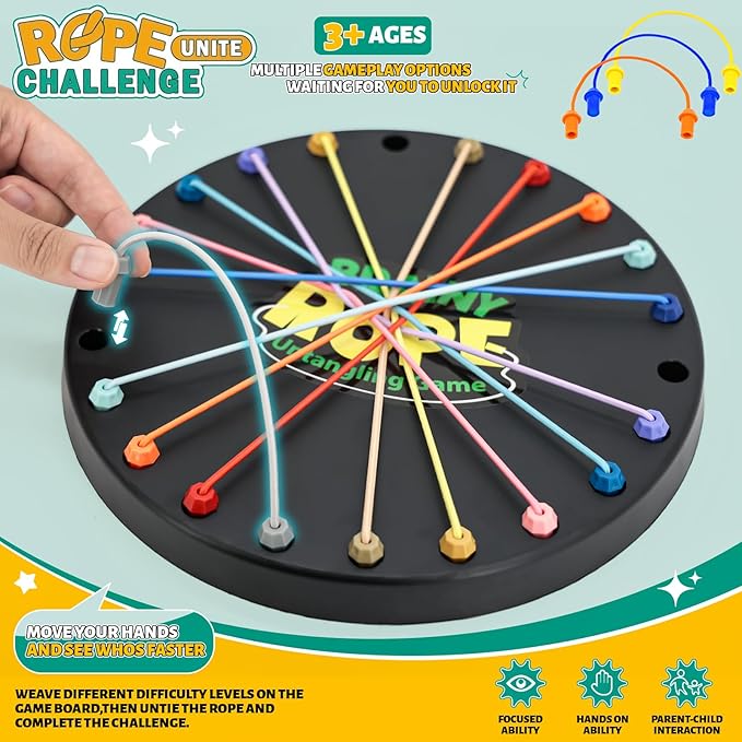 Brainy Knots Rope Untangling Game, Stress Relief String Solution Central Lacing Toys with Multiple Difficulty Levels for Family Parent-Child Interaction, Travel & Parties (Black)