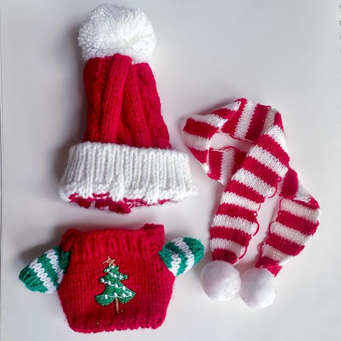 17cm Dolls Christmas Outfit - 3-Piece Clothing Set for Labubu Clothes ,Including a Knitted top, hat and Scarf Accessories, Christmas Clothes for Labubu Dolls Accessories- (No Doll)