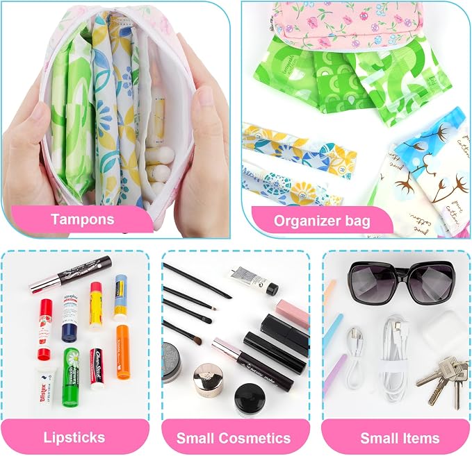 Period Bag for Teen Girls, Lightweight Sanitary Napkin Storage Bag Tampon Holder for Purse Menstrual Pad Pouches First Period Gift (Flowers)