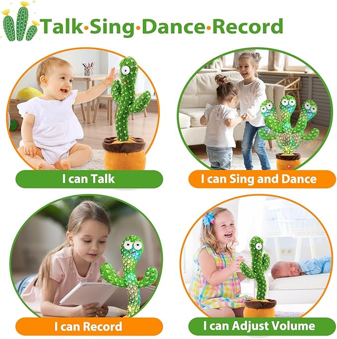 Rechargeable Dancing Talking Cactus Plush Toy for Kids - Volume Adjustable Mimicking and Singing Cactus with Music & Light - Funny Birthday Gifts for Years Old Boy Girl