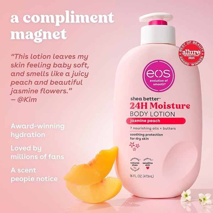 eos Shea Better Body Lotion Jasmine Peach, 24-Hour Moisture Skin Care, Lightweight & Non-Greasy, Natural Shea, Vegan, 16 fl oz