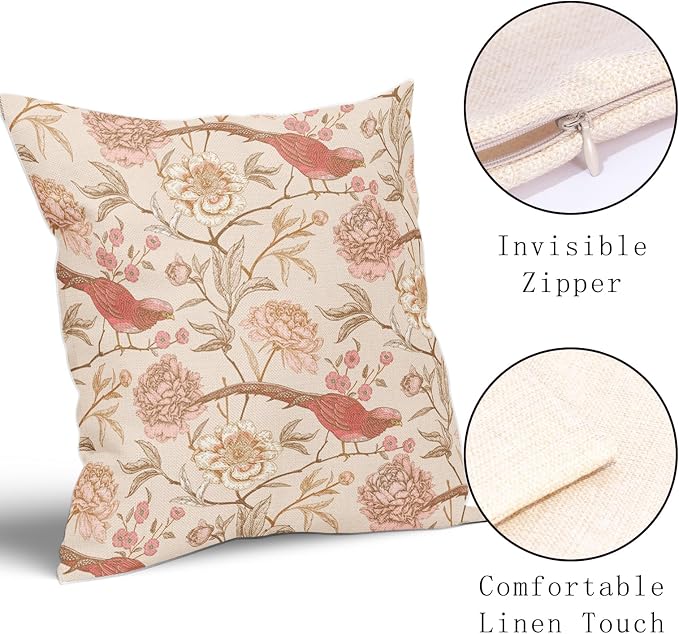 Pink White Roses Floral Pillow Covers 16X16 Inch Set of 2 Retro Flowers Birds Leaves Decorative Pillow Cases Art Vintage Cotton Linen Cushion Case Retro Home Decor for Sofa Couch Porch Outdoor