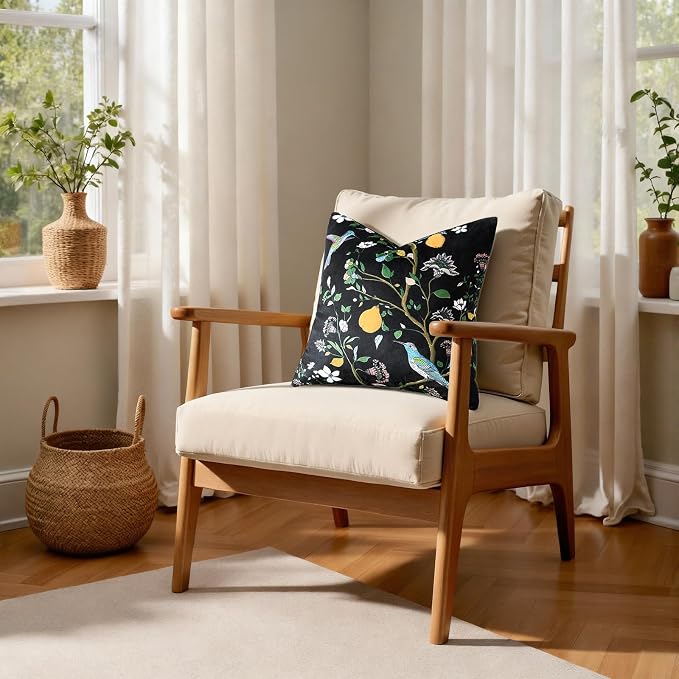 MUSSEL Black Velvet Floral Decorative 16x16 Pillow Covers Set of 2 | Soft Durable and Sturdy,Bird Plant,Throw Pillows Case,Square,Colorful Modern Cushion Covers,Home Sofa Bed Couch Decor