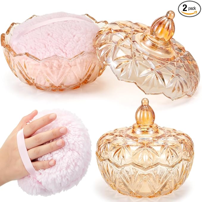 Tioncy 2 Pcs Extra Large Dusting Powder Puff and Container for Women-6'' Glass Crystal Dusting Powder Container with Body Soft Washable Reusable Velour Face (Amber,Pumpkin)