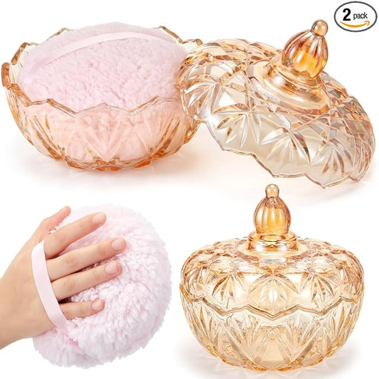 Tioncy 2 Pcs Extra Large Dusting Powder Puff and Container for Women-6'' Glass Crystal Dusting Powder Container with Body Soft Washable Reusable Velour Face (Amber,Pumpkin)