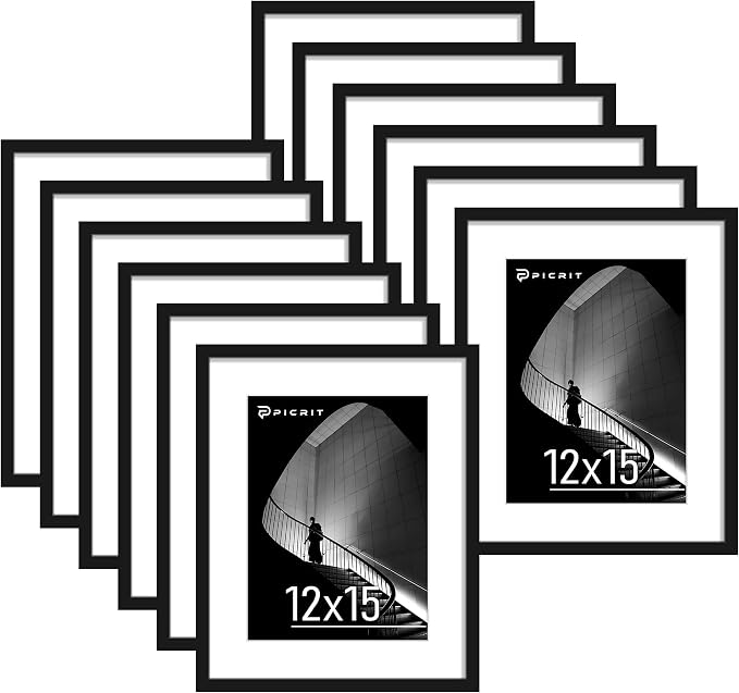 Picrit 12x15 Picture Frame Set of 12, Display 9 x 12 with Mat or 12 x 15 without Mat, Photo Frames for Wall Mounting Display, Black