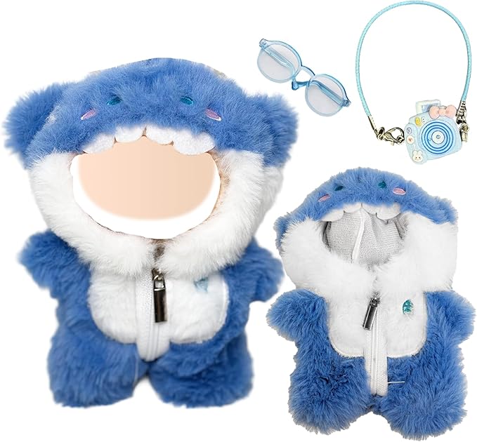 3 Pcs Handmade Clothes and Accessories for 17 cm Dolls Including 1 Shark Jumpsuit with Zipper 1 Glasses 1 Camera Pendant Premium Stylish Doll Clothes Replacement Present for Girls (NO Doll) Blue