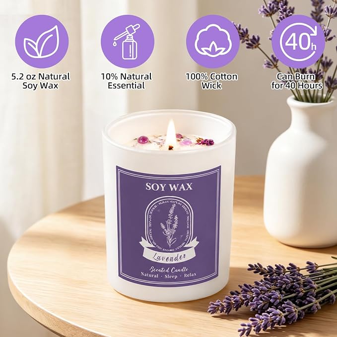 Lavender Scented Candle, Candles for Home Scented, 5.2 oz Soy Candles for Aromatherapy, Natural Hand-Poured, Relaxing Lavender Scent, Gift for Women Mom