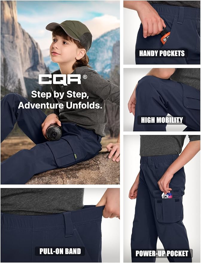 CQR Kids Boy’s Hiking Cargo Pants, Water Resistant UPF 50+ Quick Dry Youth Casual Outdoor Climbing Camping Trousers