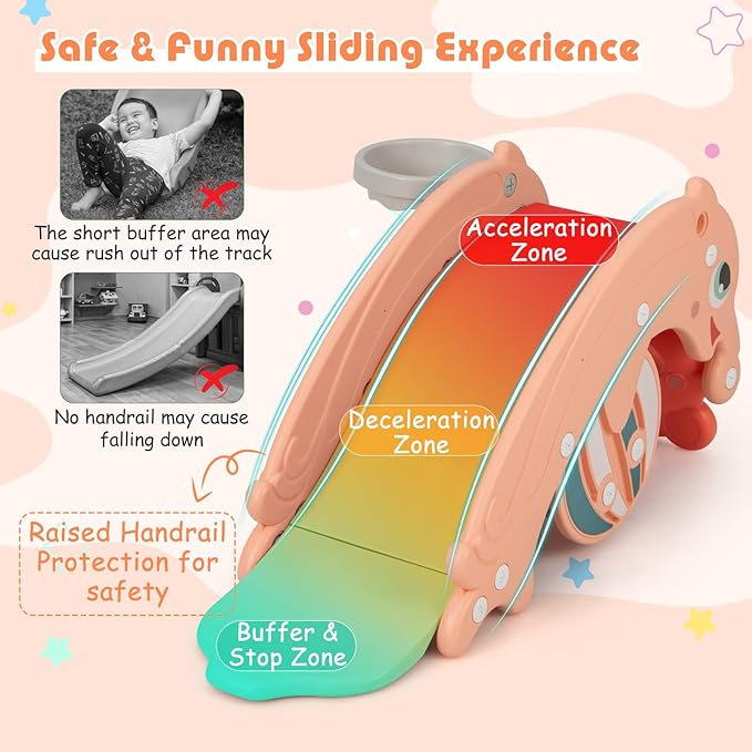 HONEY JOY Toddler Slide Rocking Toy, 4 in 1 Convertible Freestanding Slide for Kids w/Basketball Hoop, Rocking Horse, Foldable Baby Climber Playground Slide for Indoors Outdoors Boys Girls, Pink