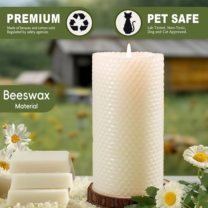 2 Pack Beeswax Pillar Candles, White Hand-Rolled Beeswax Candles-90 Hours Long Burning, Handcrafted Honeycomb Bees Wax for Home, Bee Themed Gifts for Candle Lovers (2.8x6 in)