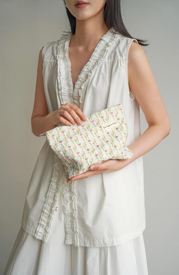 The Summer Swan Large Aesthetic Makeup Bag | Floral Makeup Bag | Mid-Day Clutch | Period Kit Bag | Hygiene Bag | Skincare Bag (Morning Buds)