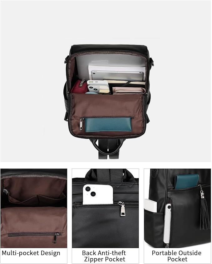 FADEON Leather Backpack Purse for Women Designer Travel Backpack Purses PU Fashion Ladies Shoulder Bag with Tassel