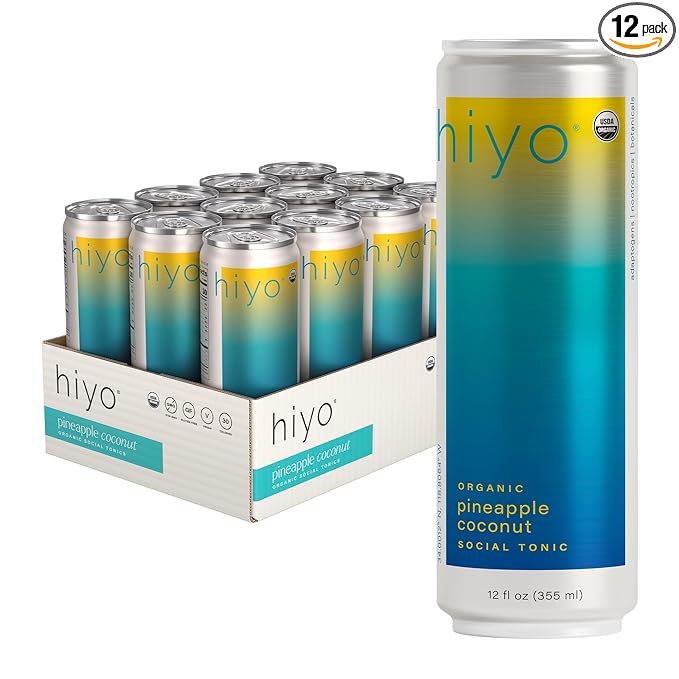 Hiyo Organic Social Tonic – Pineapple Coconut, 12 Pack - Non-Alcoholic Functional Seltzer, Flavored Sparkling Water Crafted with Organic Adaptogens, Nootropics & Botanicals