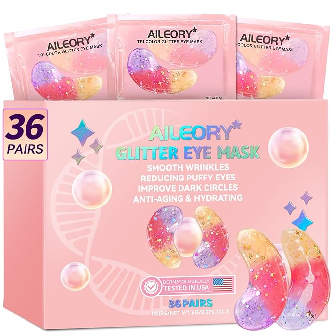 AILEORY Under Eye Patches (36 Pairs) - Tri-color Glitter Eye Gel Pads for Dark Circles, Puffy Eyes, Under eye Bags, Wrinkles | Natural Collagen Under Eye Mask Patches, Mothers Day Gifts for Mom